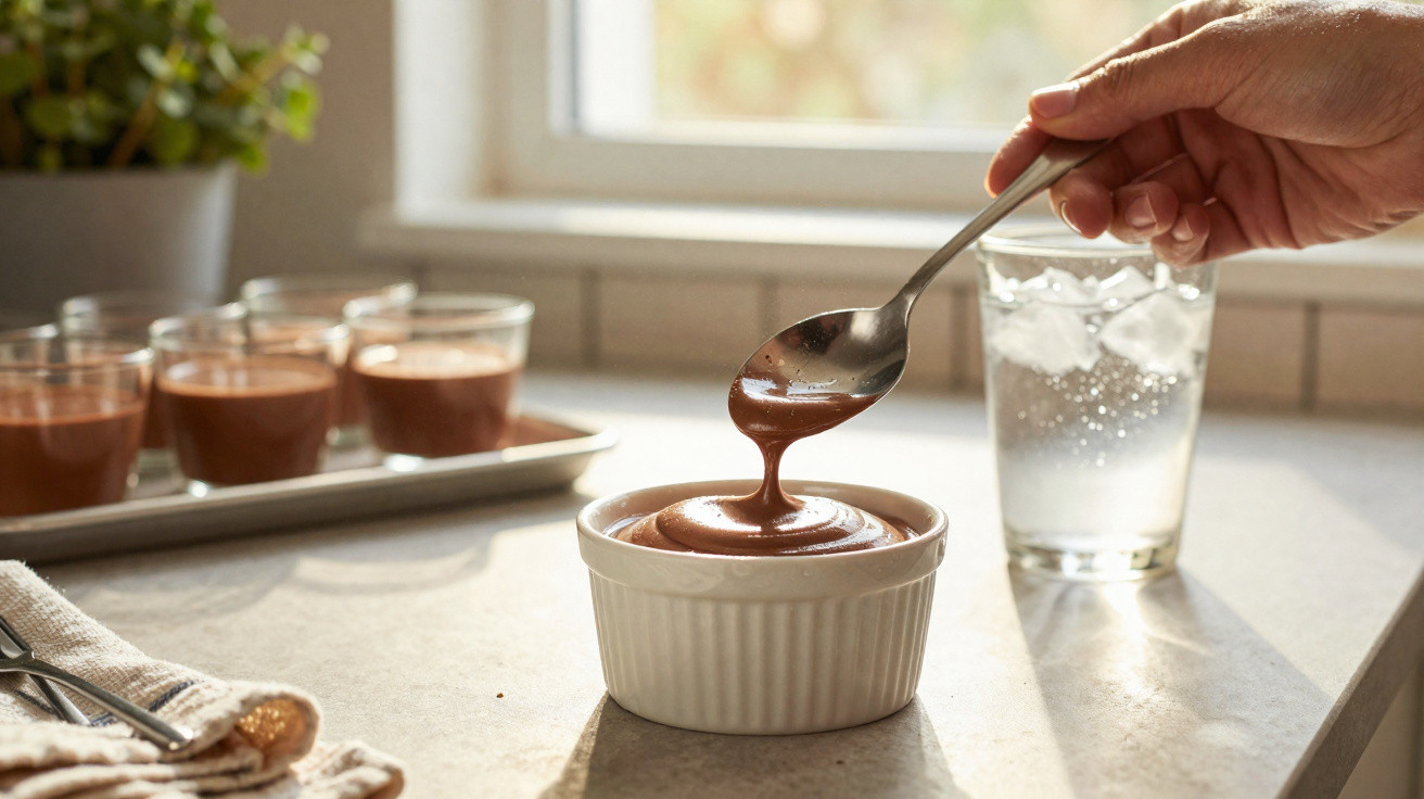 Mão segurando colher a servir mousse de chocolate num recipiente branco, com copo de água e mais mousses ao fundo.