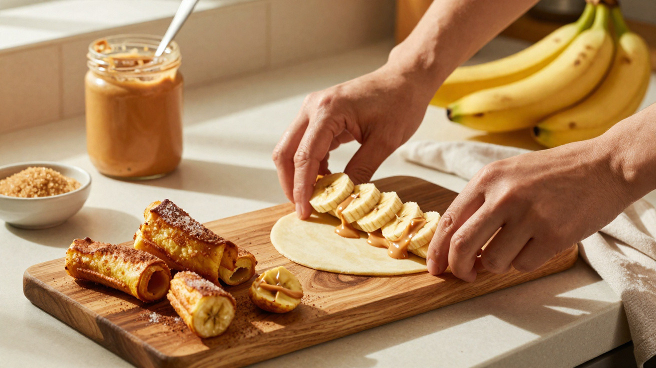 Mãos a enrolar panquecas recheadas com banana e creme de amendoim sobre tábua de madeira.