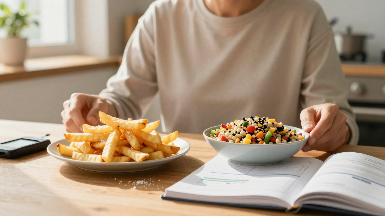 Pessoa sentada à mesa com prato de batatas fritas e taça de salada enquanto lê um livro aberto.