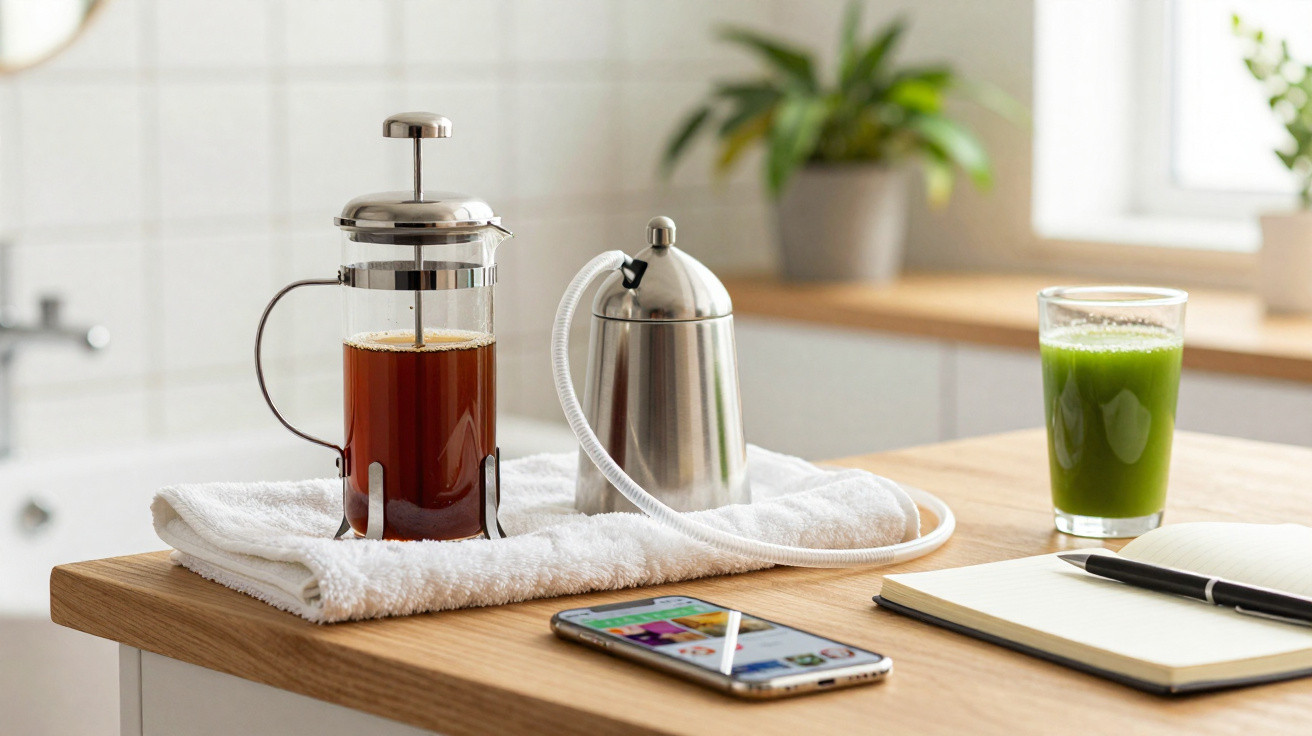 Prensa francesa com café, jarra metálica, copo de sumo verde, telemóvel e caderno com caneta numa bancada de cozinha.