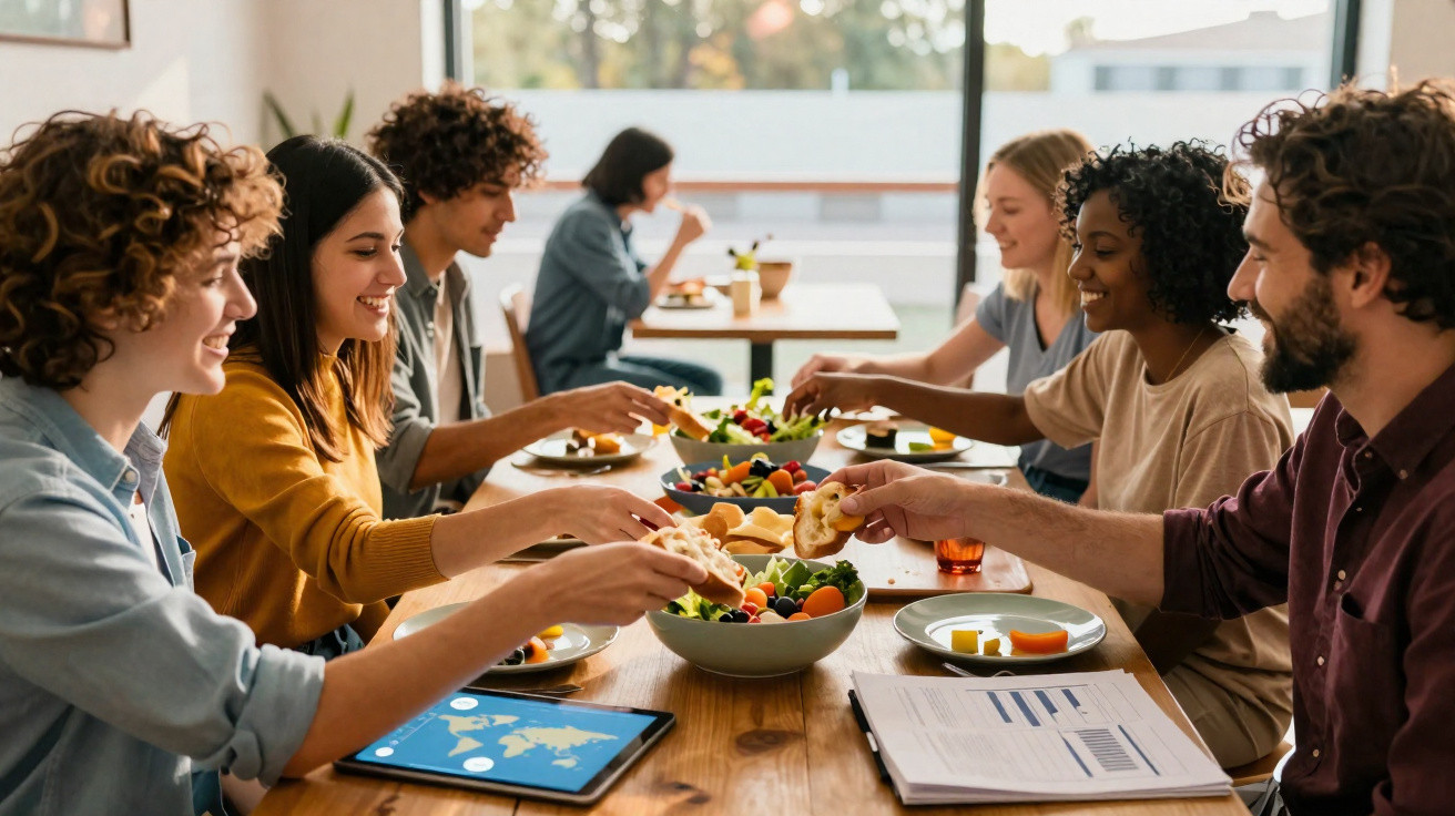 Grupo diversificado de pessoas a partilhar uma refeição saudável e conversar à mesa.