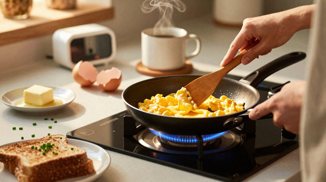 Ovos mexidos a cozinhar numa frigideira com fatias de pão e manteiga ao lado.