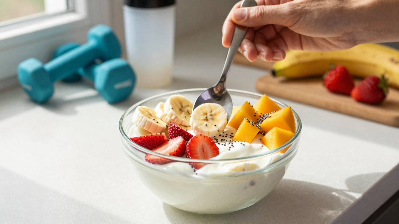 Mão a pegar frutas frescas numa taça com iogurte, morangos, banana, manga e sementes, ao lado de halteres.