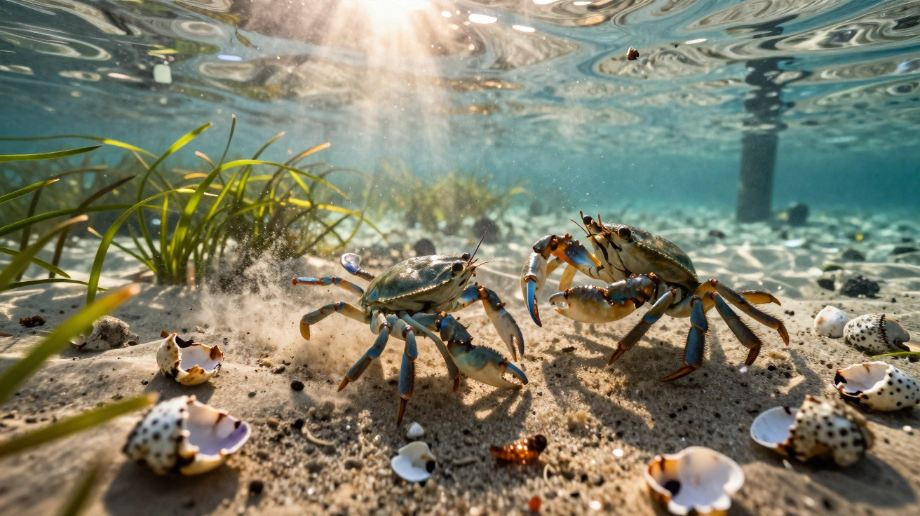 Dois caranguejos azuis no fundo arenoso do mar rodeados de conchas e plantas marinhas, com luz solar a penetrar na água.