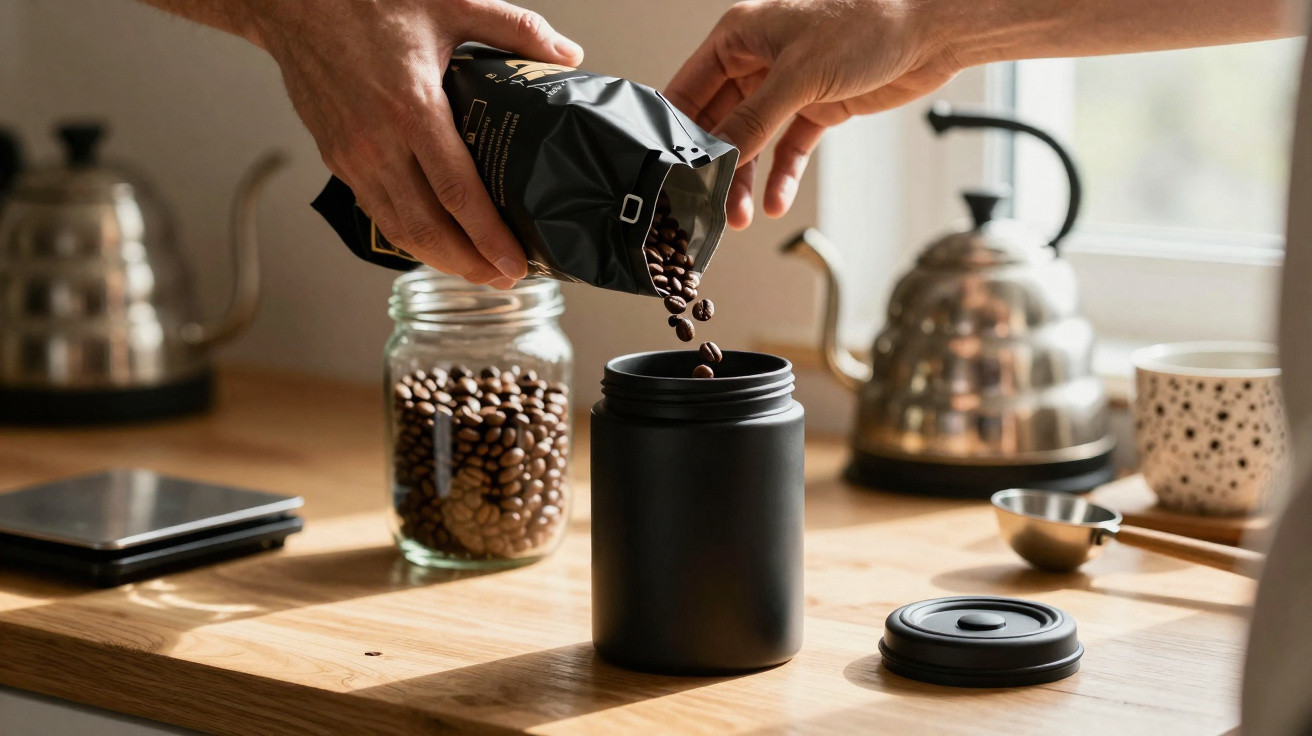 Mãos a verter grãos de café de embalagem para um recipiente preto numa bancada de cozinha iluminada.