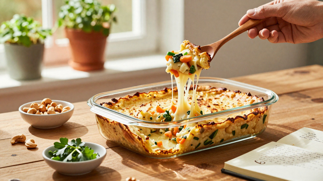 Prato de forno cremoso com queijo derretido, legumes e ervas, servido numa colher de pau.