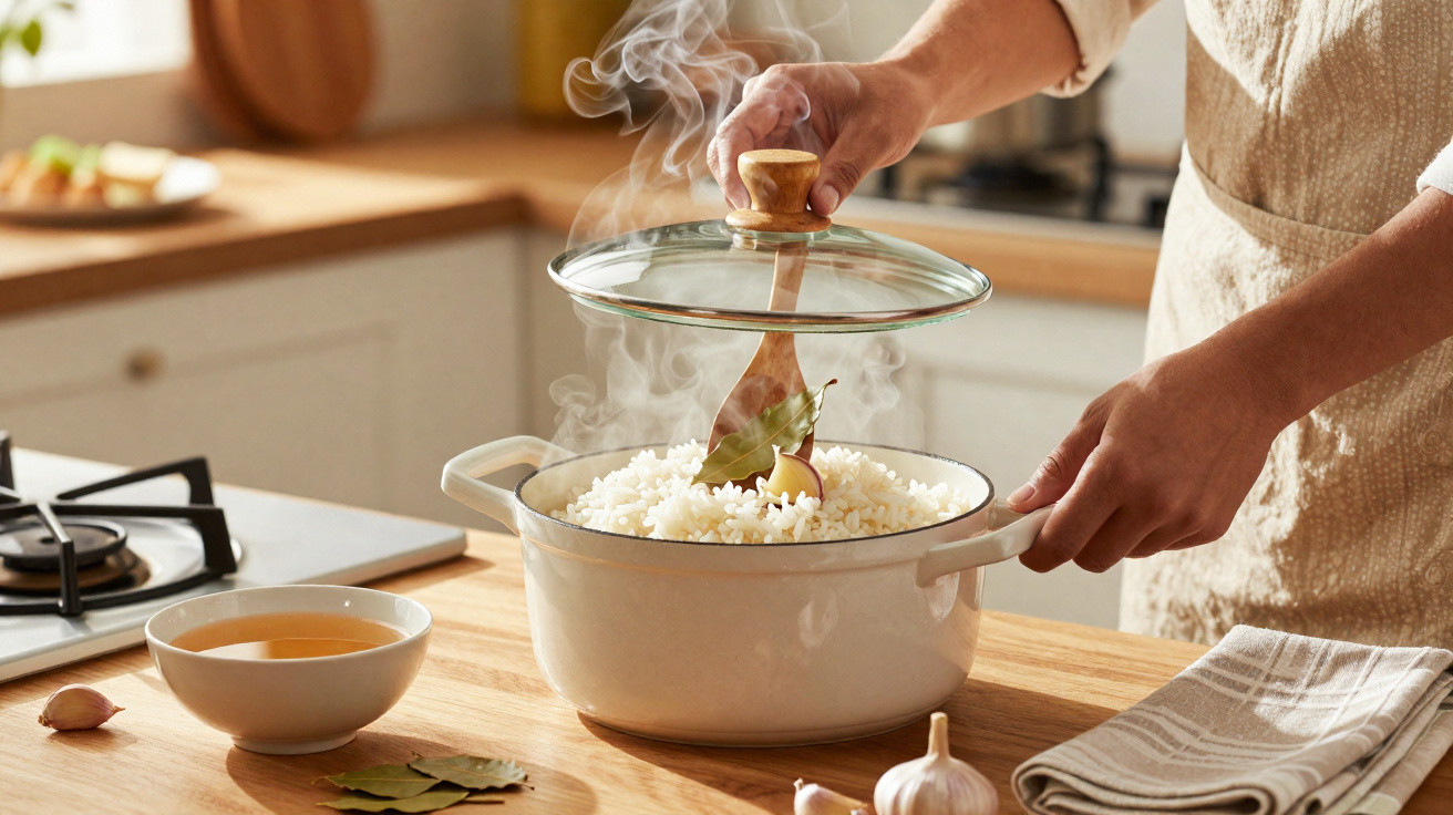 Pessoa a levantar tampa de tacho com arroz quente e vapor, com alho e folhas de louro na cozinha.