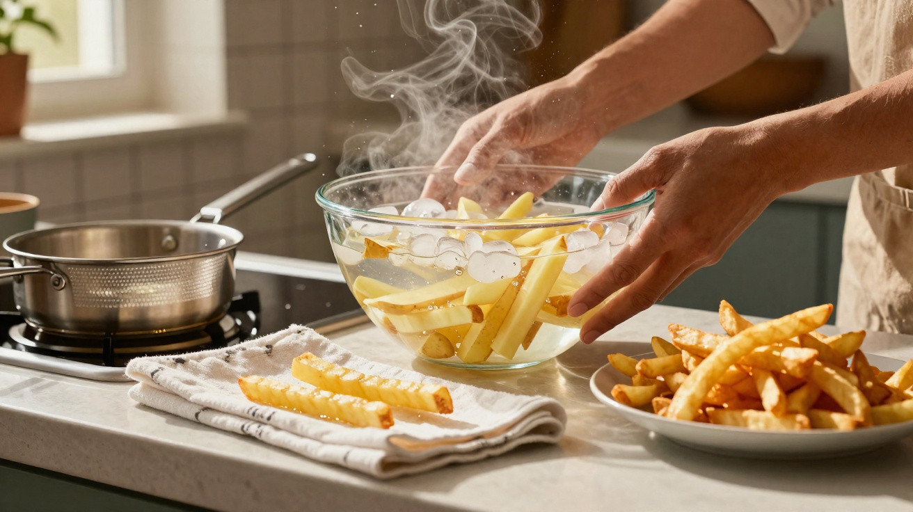 Mãos a mergulhar batatas cortadas em tigela com gelo, batatas fritas prontas num prato e pano na bancada.