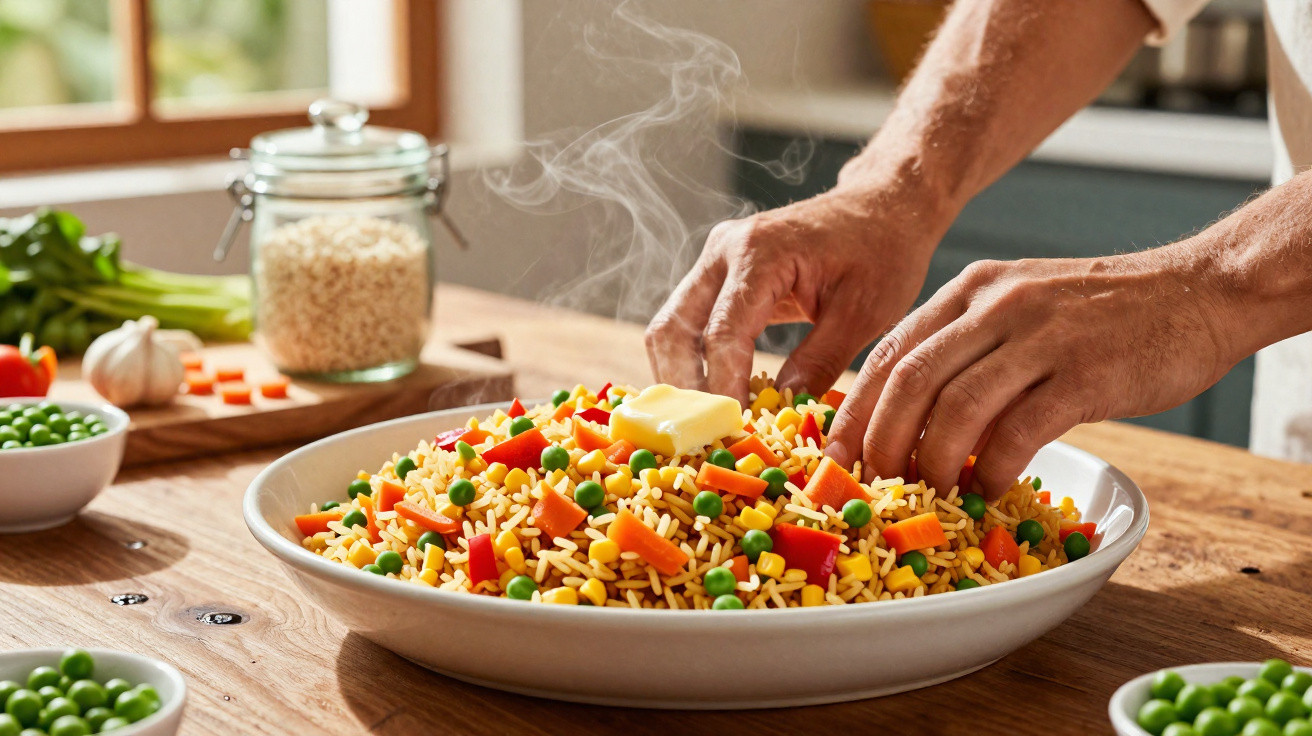Prato fumegante de arroz com legumes coloridos e uma noz de manteiga, mãos a preparar sobre a mesa de madeira.