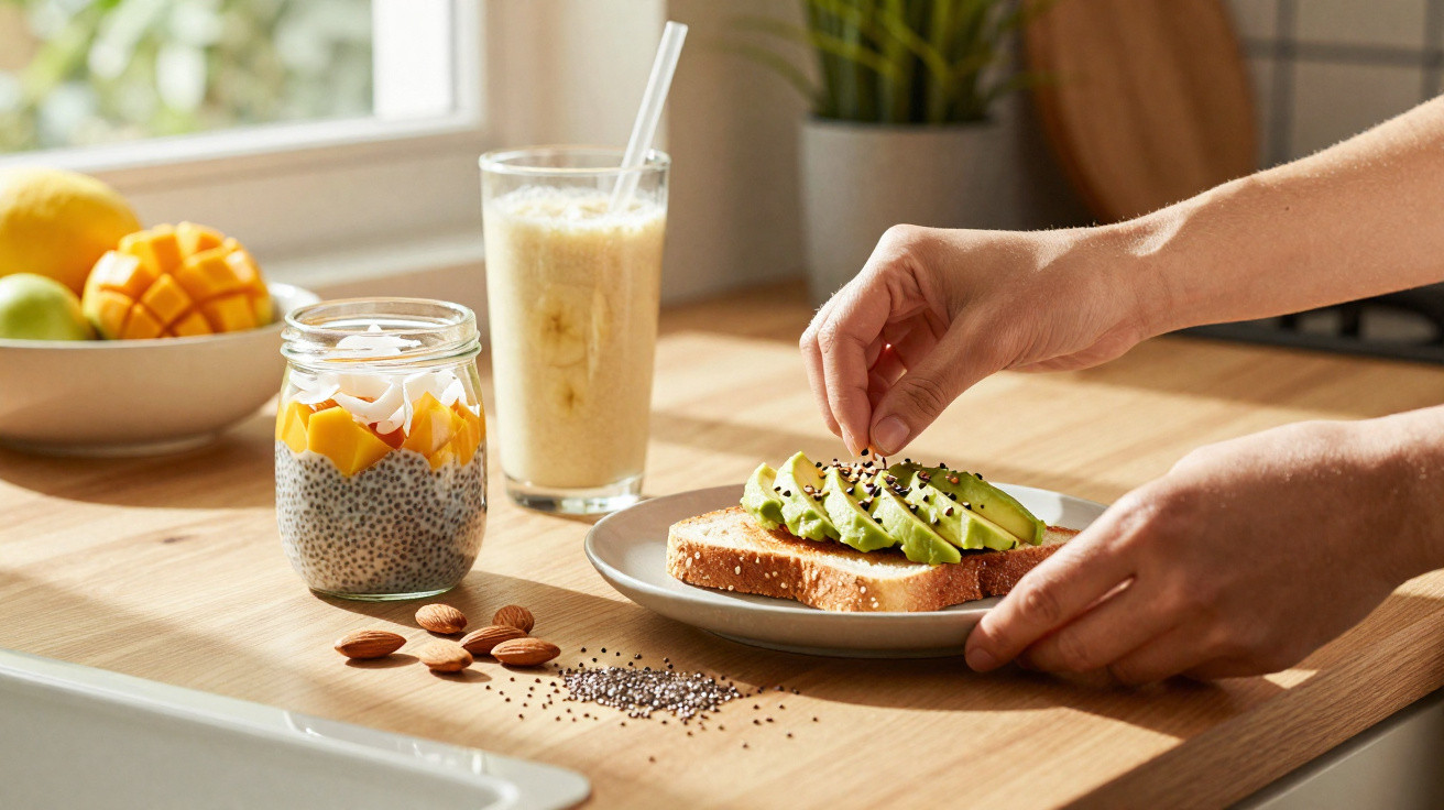 Tostas com abacate e sementes, iogurte com manga e smoothie numa cozinha iluminada a natural.