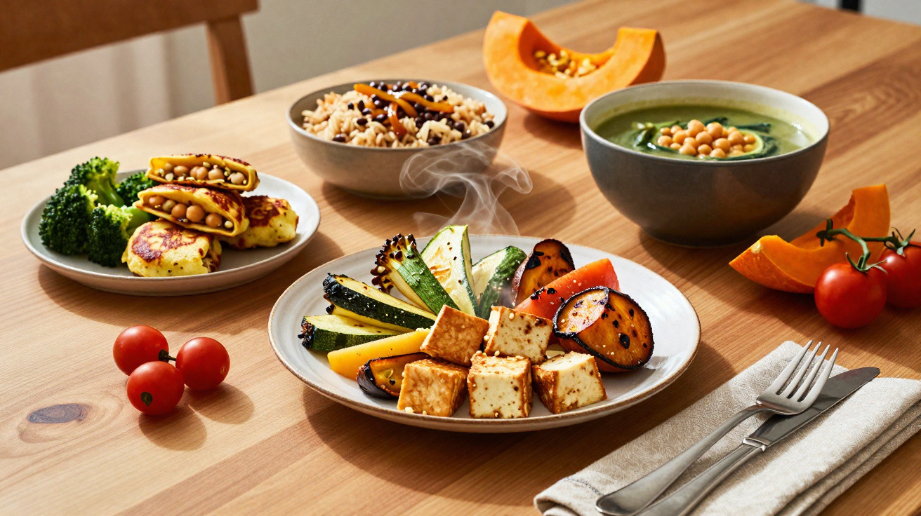 Mesa de madeira com pratos de vegetais grelhados, tofu, arroz, sopa verde e legumes frescos.