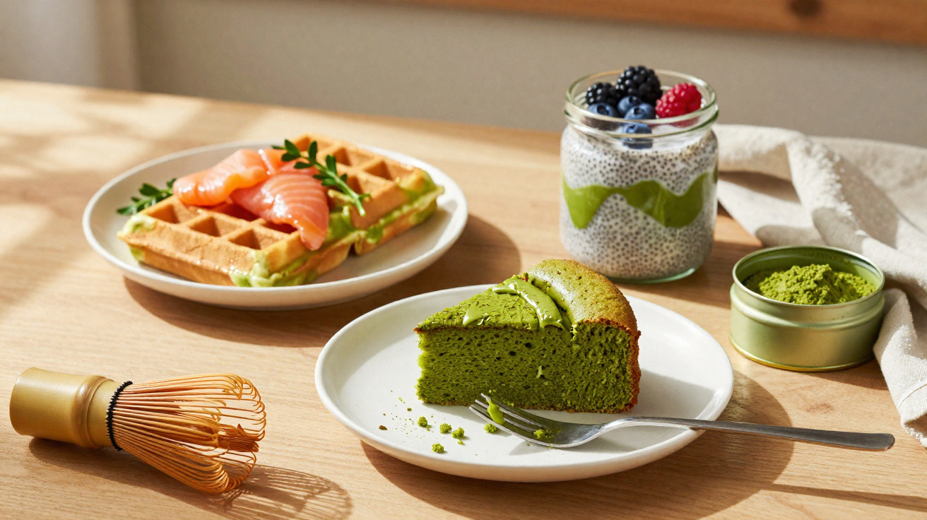 Fatias de bolo verde, waffle com salmão fumado e iogurte com sementes de chia e frutos vermelhos.