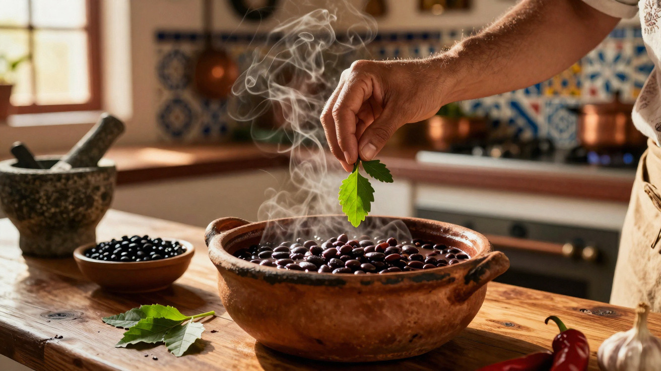 Mão a colocar folha fresca numa panela de barro com feijão a cozinhar, em cozinha rústica com azulejos.