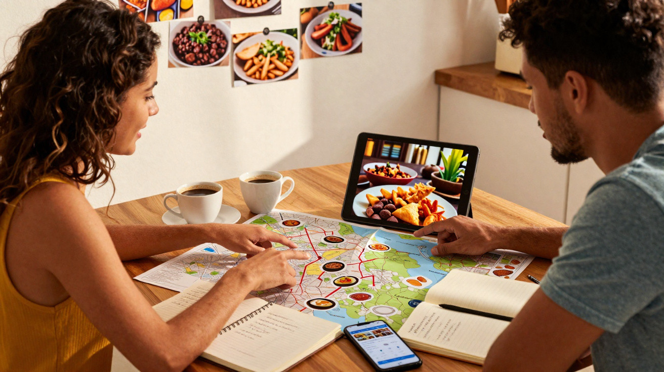 Casal planeia viagem gastronómica com mapa, tablet, telefone e cadernos numa mesa de madeira.