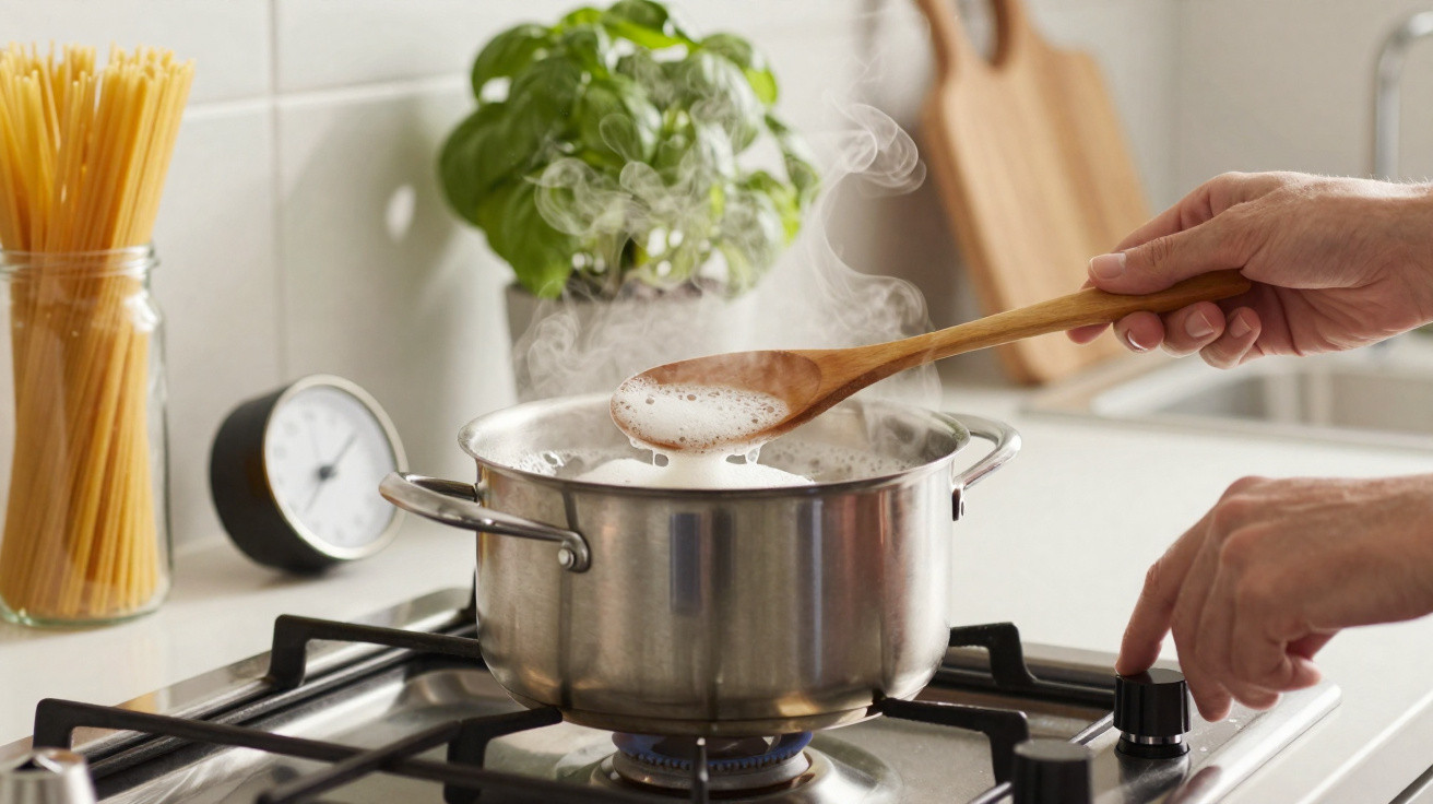 Pessoa a cozinhar com uma colher de pau numa panela com vapor numa fogão de gás na cozinha.