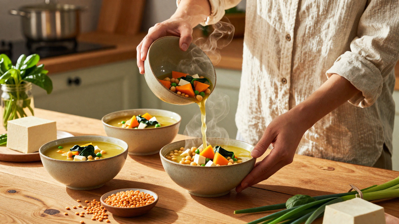 Pessoa a servir sopa quente de legumes em tigelas numa cozinha luminosa com ingredientes frescos sobre a mesa.