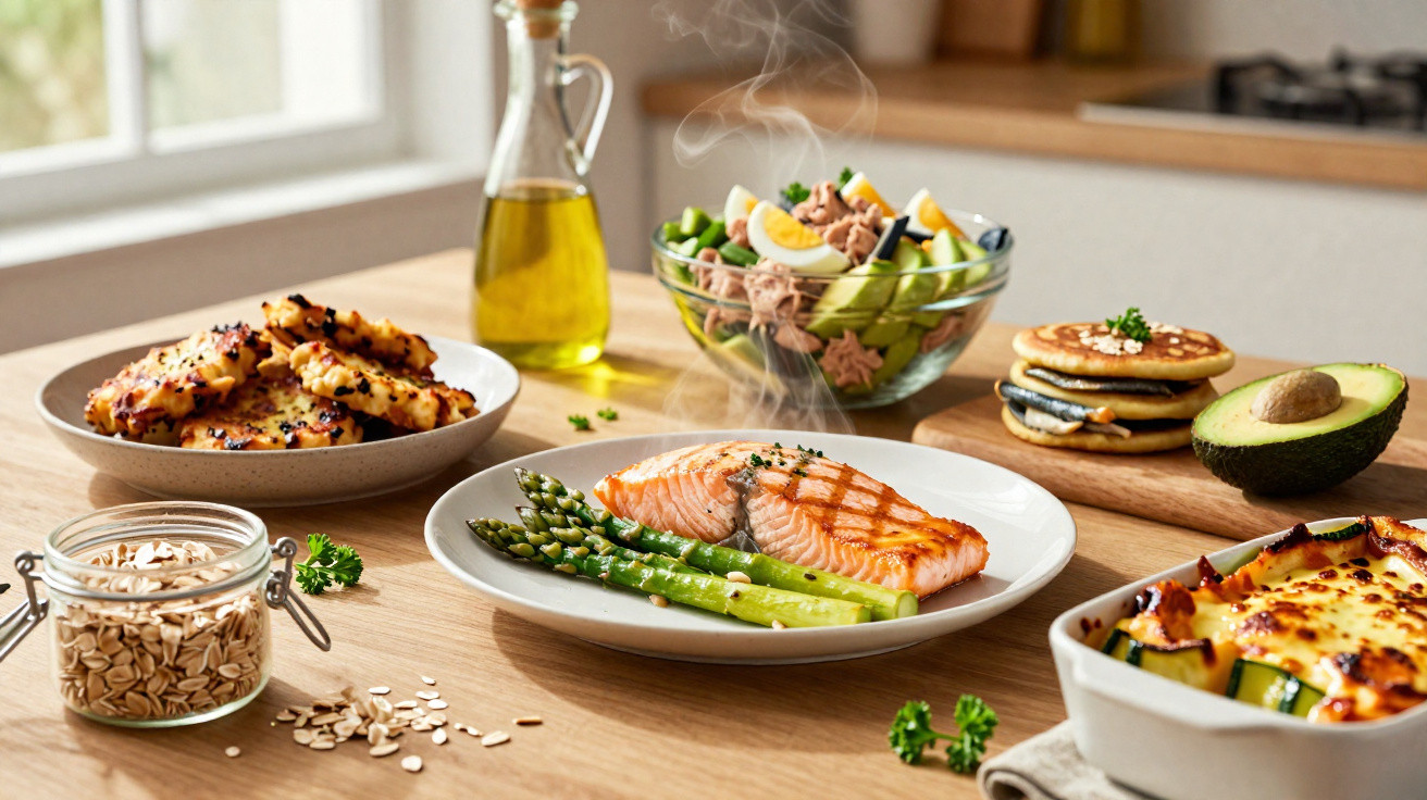 Prato com salmão grelhado e espargos, salada com ovo e atum, panquecas, lasanha de legumes e petiscos numa mesa.