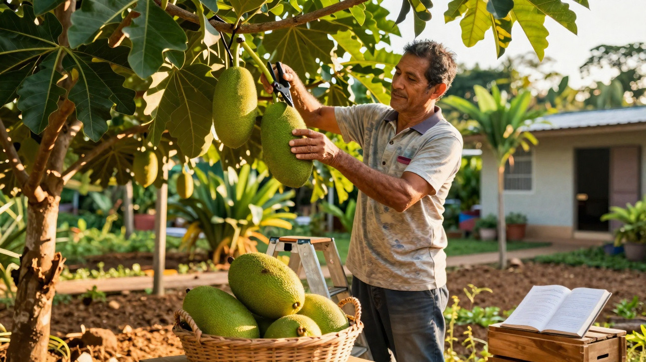 Homem colhe jacas maduras numa árvore em jardim com cesta cheia de frutos ao lado.