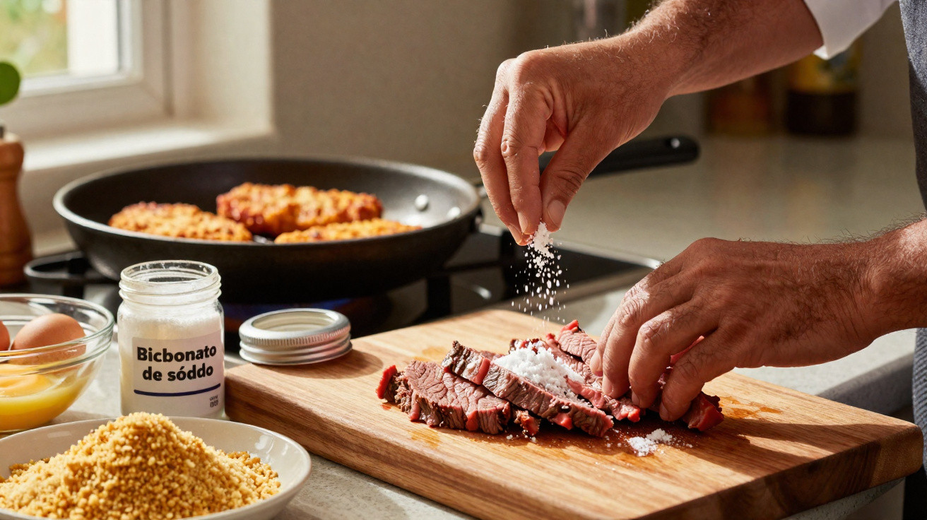 Mãos a temperar carne laminada com bicarbonato de sódio numa tábua numa cozinha.