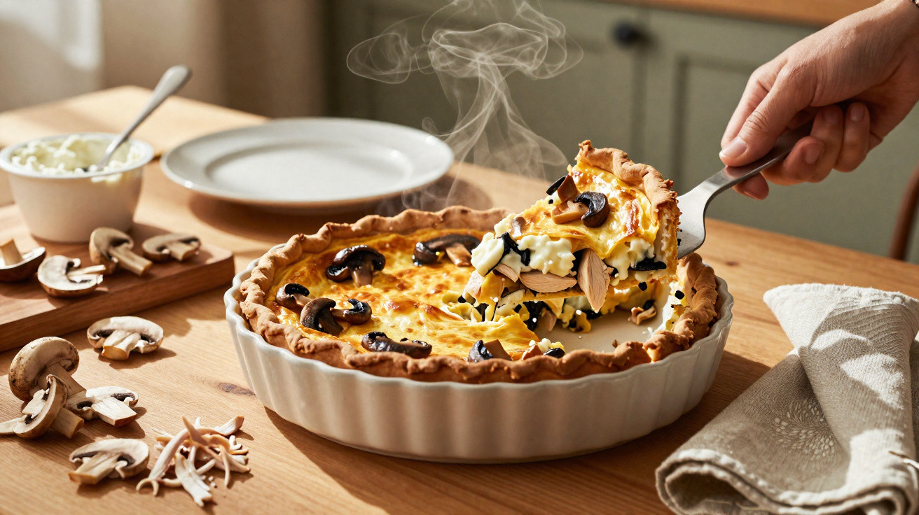 Pessoa a servir quiche fumegante de cogumelos e queijo num prato branco numa mesa de madeira.
