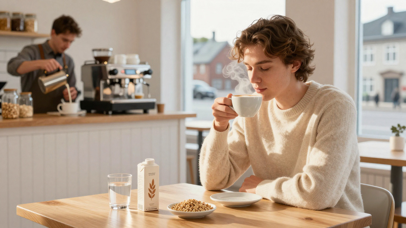 Jovem a saborear chá quente numa cafetaria com barista a preparar bebida ao fundo.