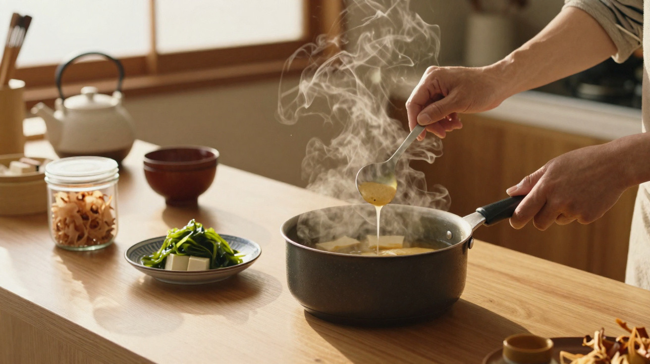 Mãos a mexer sopa quente numa panela numa cozinha com vapor e ingredientes sobre a bancada de madeira.