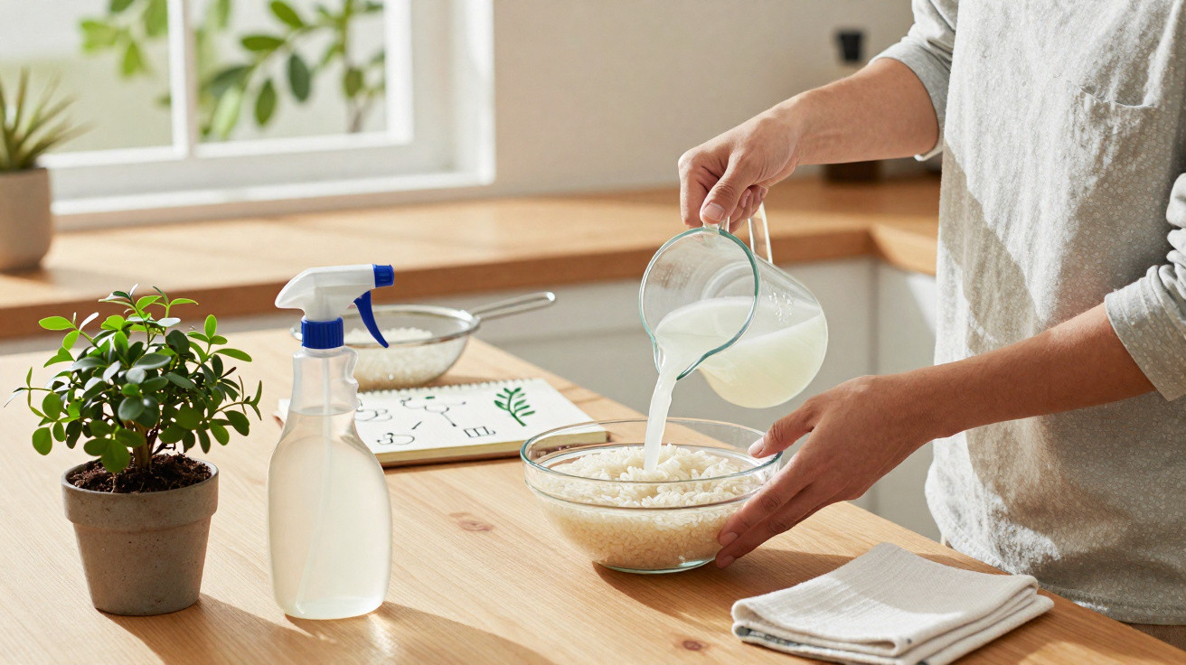 Pessoa a verter líquido numa taça com arroz, numa bancada de cozinha com planta e pulverizador ao lado.