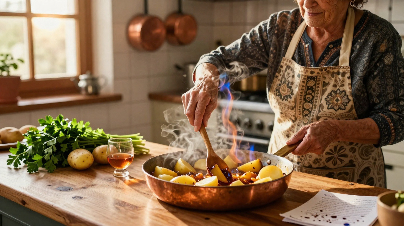 Idosa a cozinhar batatas com ervas frescas numa cozinha acolhedora, mexendo numa frigideira com fogo.