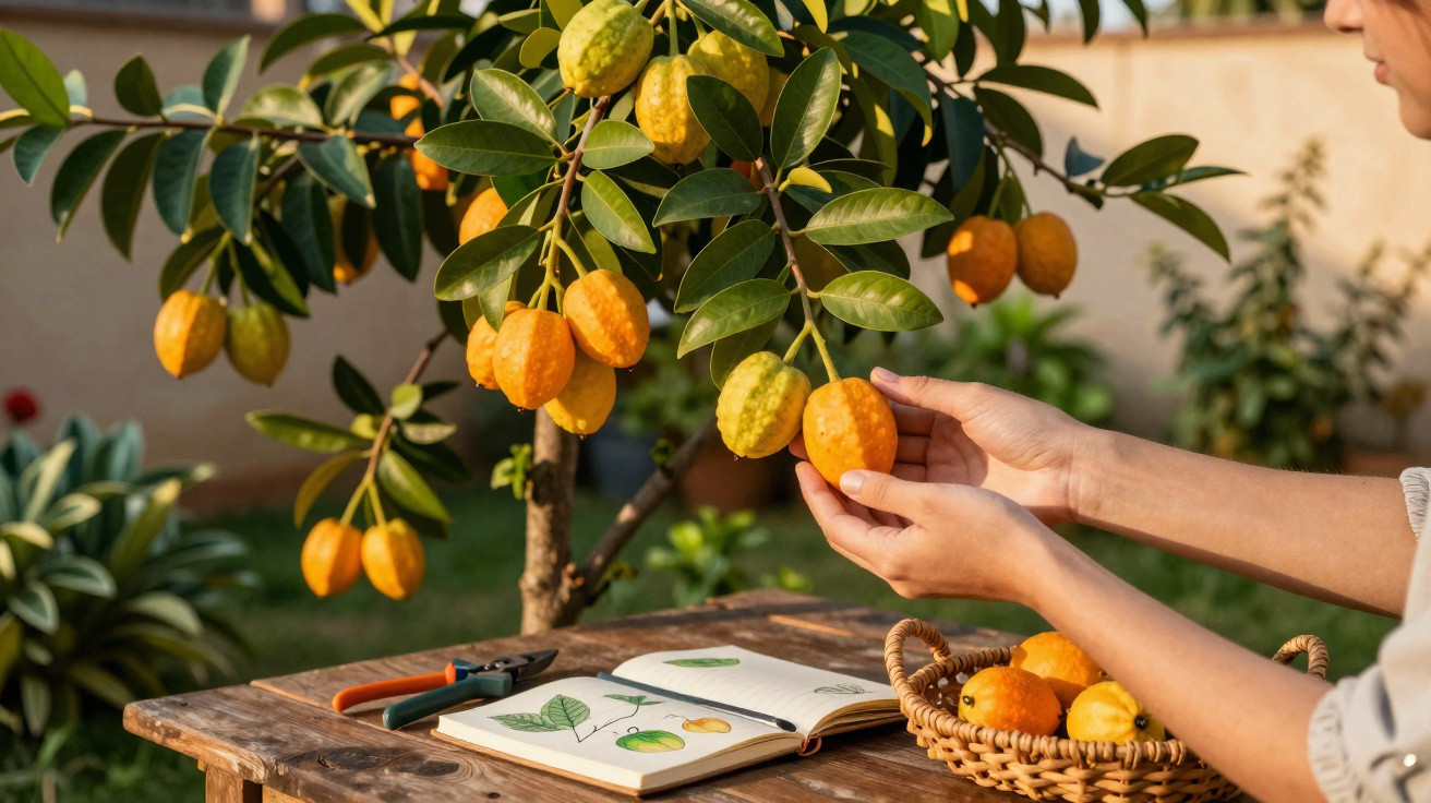 Pessoa a colher e estudar frutos amarelos em árvore no jardim com livro aberto numa mesa de madeira.