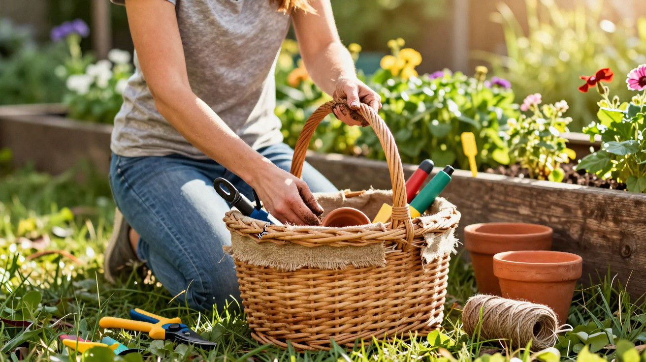 Pessoa ajoelhada a organizar ferramentas de jardinagem numa cesta de vime num jardim florido.