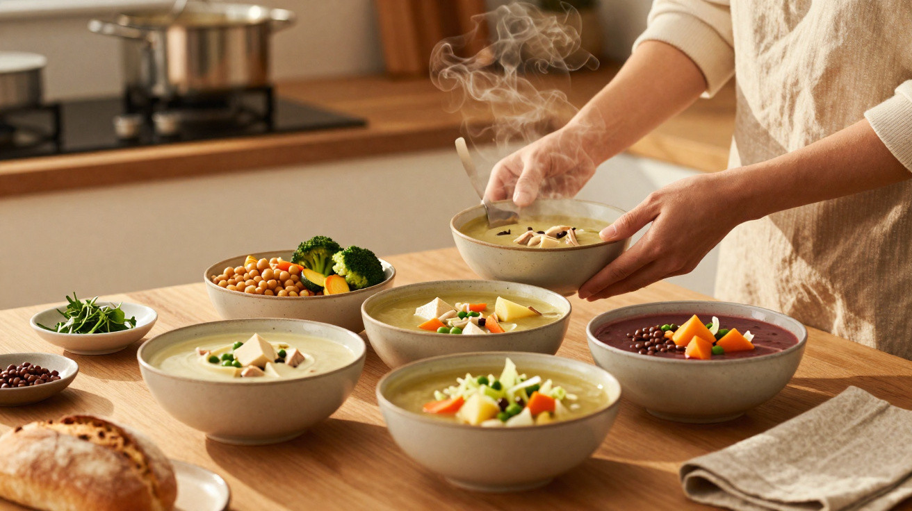 Pessoa a servir tigela de sopa fumegante numa mesa com cinco tigelas de sopa, pão e vegetais variados.