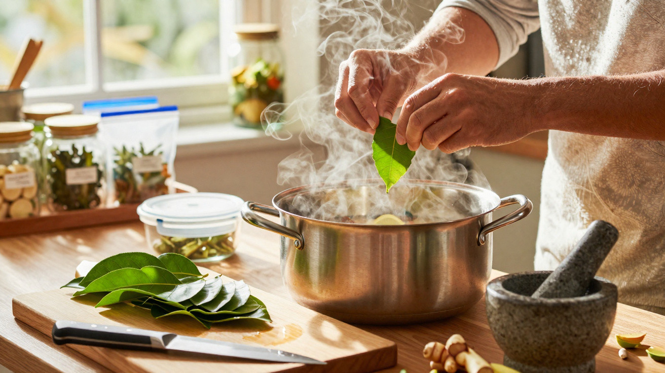Pessoa a colocar folhas numa panela com vapor numa cozinha iluminada, com especiarias à volta.