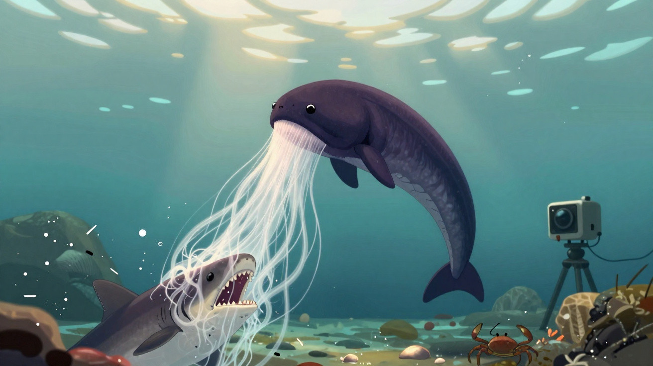 Imagem subaquática de peixe-medusa gigante a capturar um tubarão, com um caranguejo e uma câmara submersível ao lado.