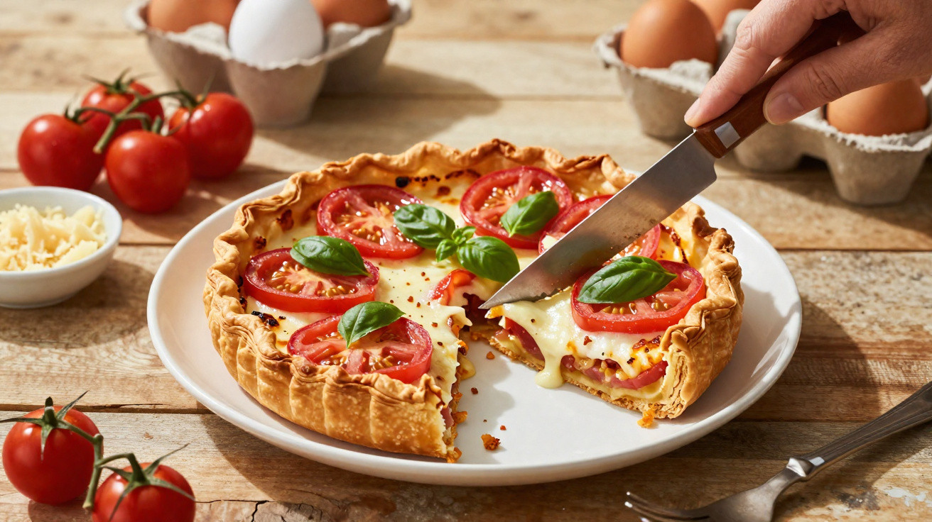 Pessoa cortando tarte de tomate, queijo e manjericão num prato branco, com ovos e tomates ao fundo.