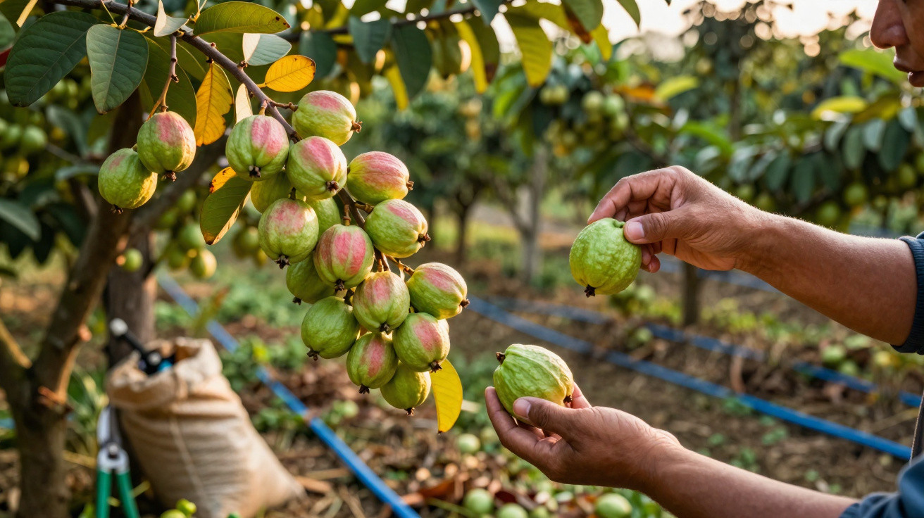 Mãos a colher goiabas verdes e rosadas numa plantação com árvores e terreno cultivado ao fundo.