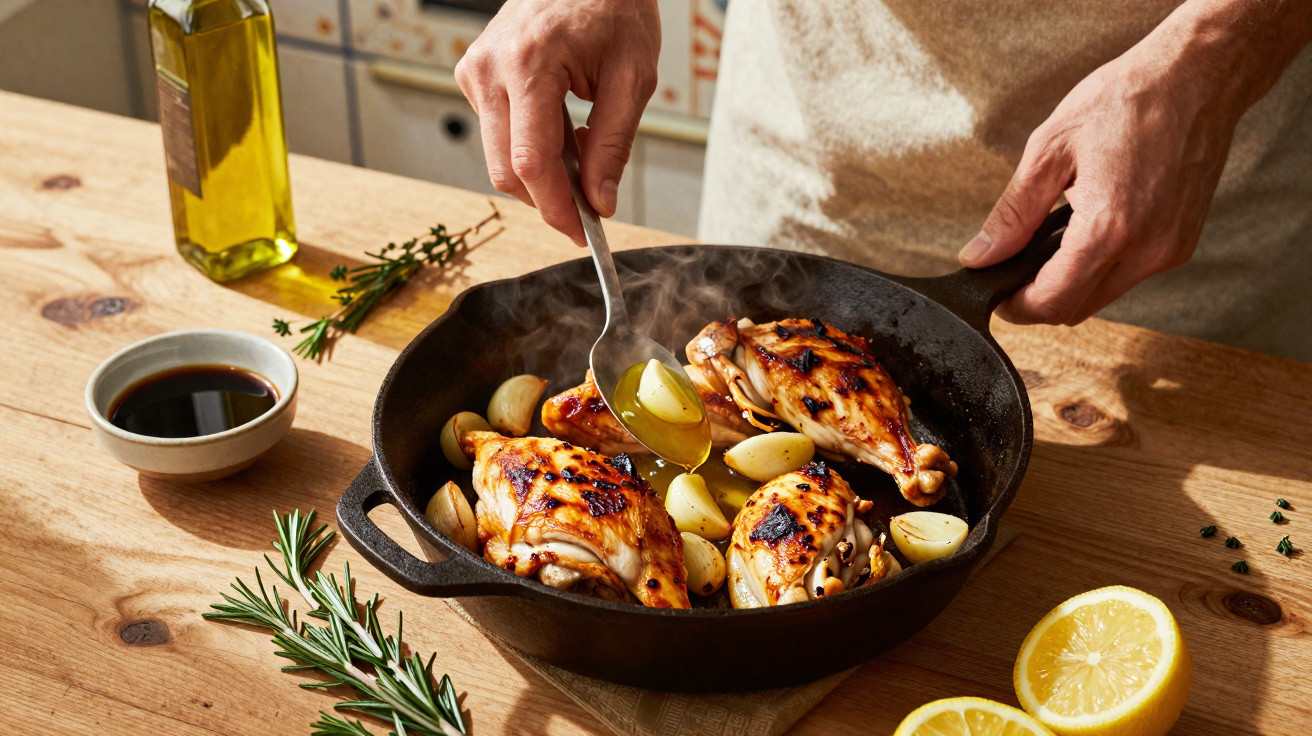 Pessoa a regar coxas de frango com alho numa frigideira de ferro fundido, rodeada de ingredientes na mesa.