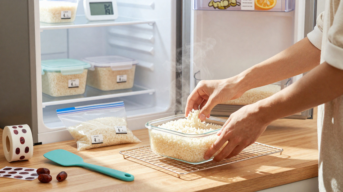 Mãos manipulam arroz cozido num recipiente de vidro à frente de um frigorífico com arroz armazenado em frascos.