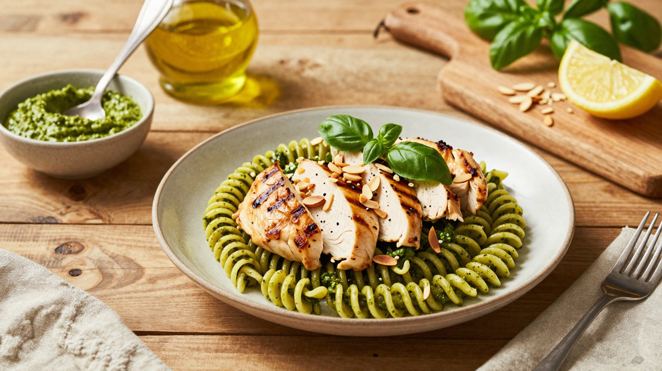 Prato de massa fusilli com pesto, peito de frango grelhado, amêndoas e manjericão fresco, com limão e azeite.