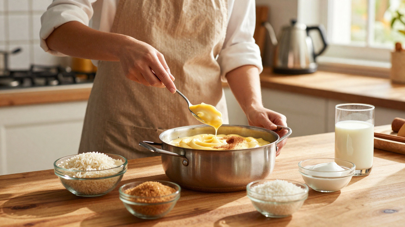 Pessoa a preparar pudim de arroz numa cozinha com ingredientes numa bancada de madeira.
