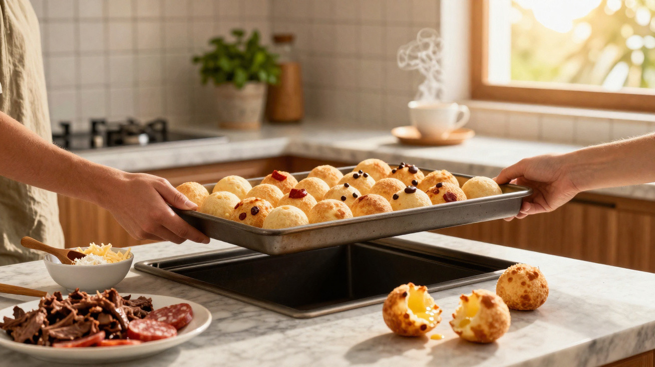 Duas pessoas a retirar pão de queijo quente do forno numa cozinha com bancada de mármore e janela.