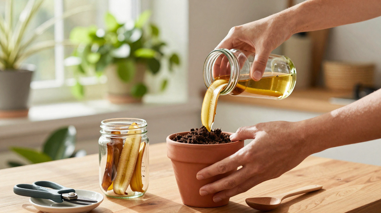 Pessoa a regar um vaso com terra usando líquido amarelo, banana cortada em frascos sobre mesa em cozinha.
