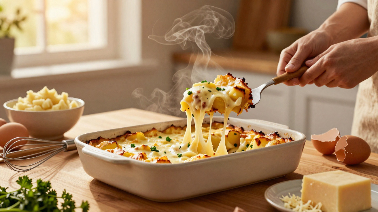 Prato de gratinado de queijo a ser servido numa garfada, com vapor visível e decoração de salsa.