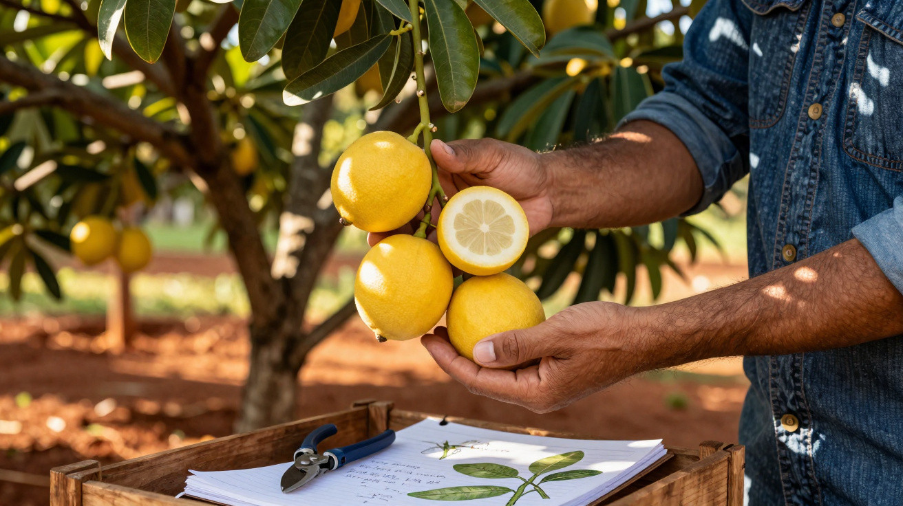 Mãos seguram limões amarelos frescos colhidos numa planta, com caderno e tesoura de poda ao fundo.