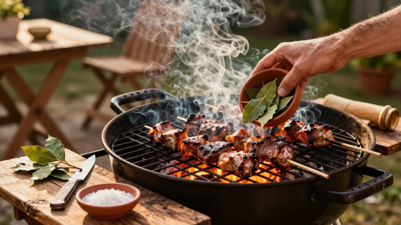 Churrasco de espetadas de carne a grelhar num braseiro com mão a colocar folhas de louro.