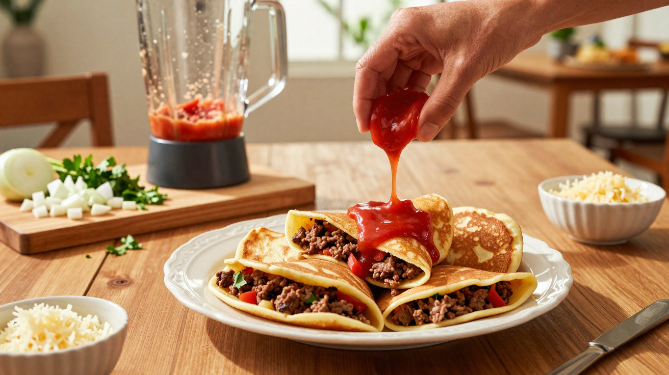 Mão a deitar molho de tomate em crepes recheados com carne, sobre um prato branco numa mesa de madeira.