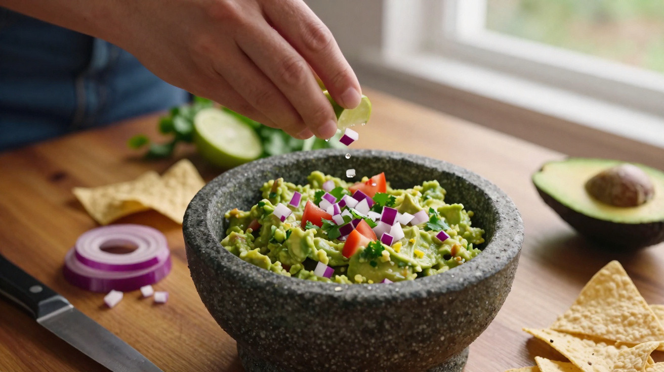 Mãos a espremer lima sobre guacamole com cebola, tomate e coentro numa tigela de pedra.