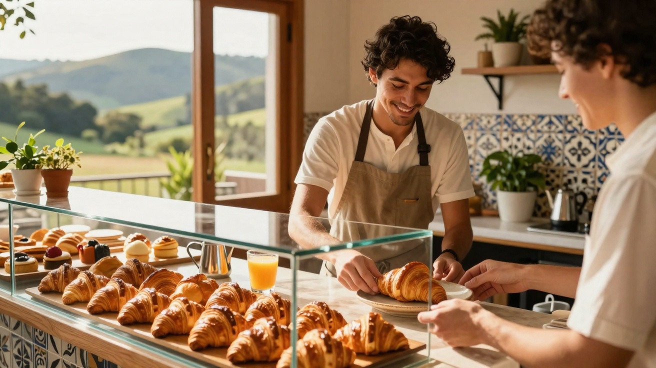 Homem sorridente a servir um croissant a cliente numa padaria com vista para paisagem campestre.