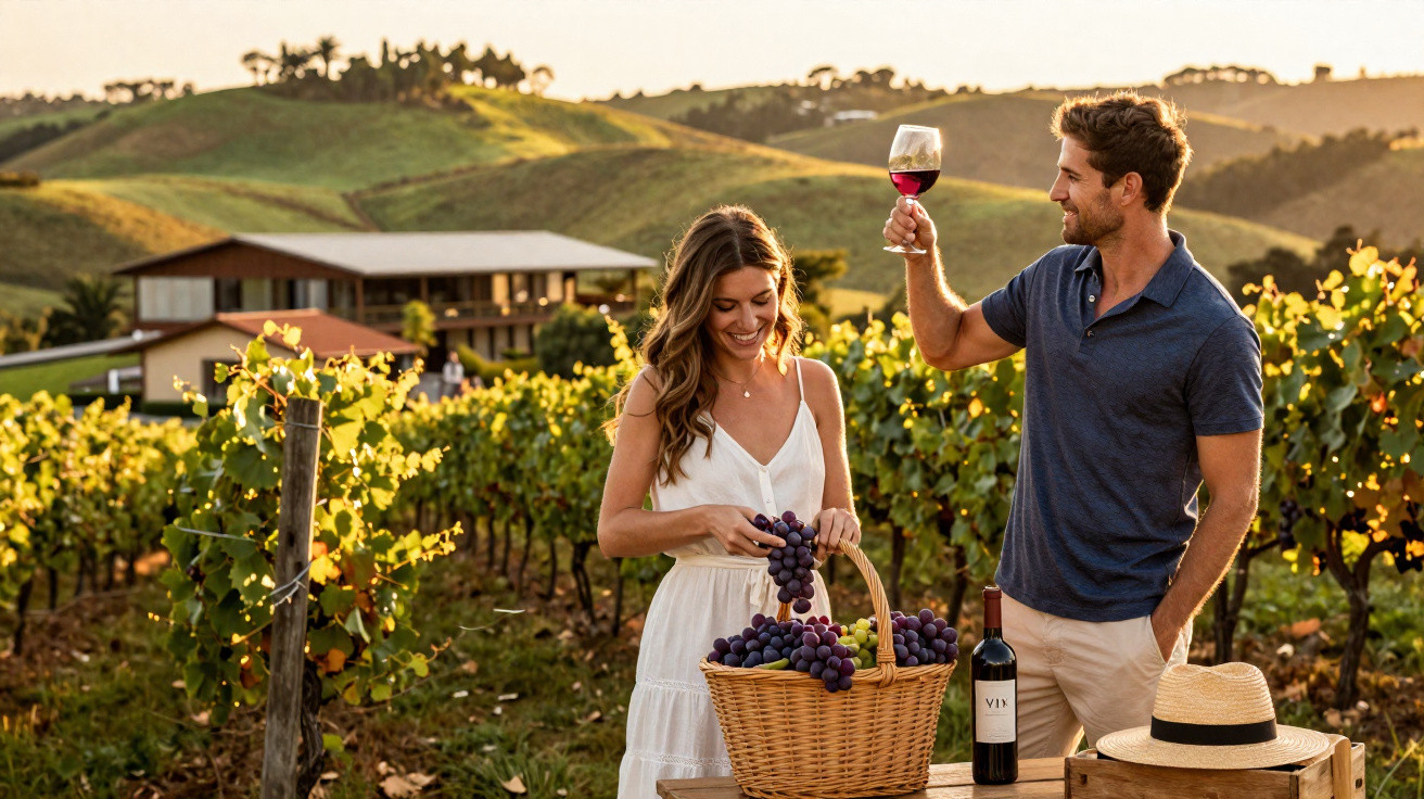 Casal numa vinha ao pôr do sol, mulher a apanhar uvas e homem a brindar com copo de vinho tinto.
