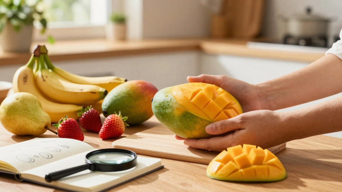 Mãos a cortar manga madura em cubos, com banana, pêra, morangos e caderno numa cozinha iluminada.