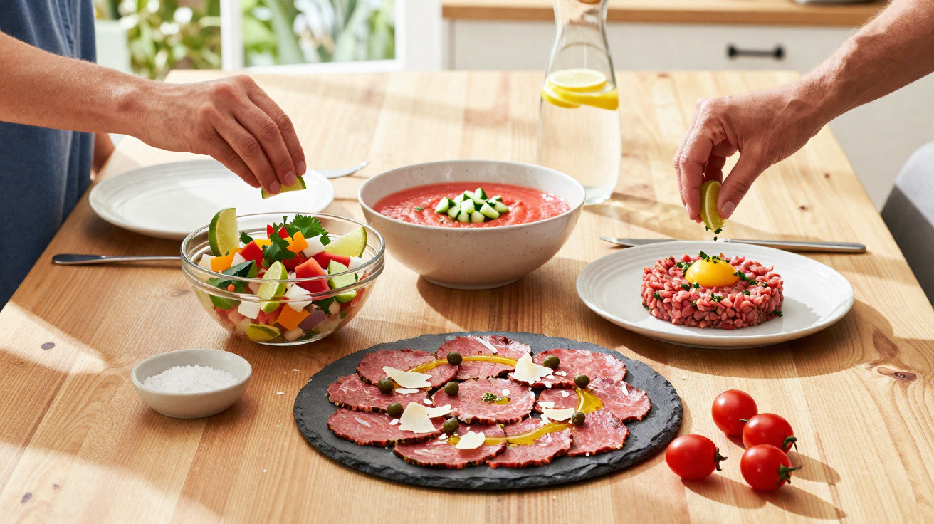Mesa de madeira com salada, gaspacho, carpaccio e tártaro de carne, com mãos a temperar as refeições.